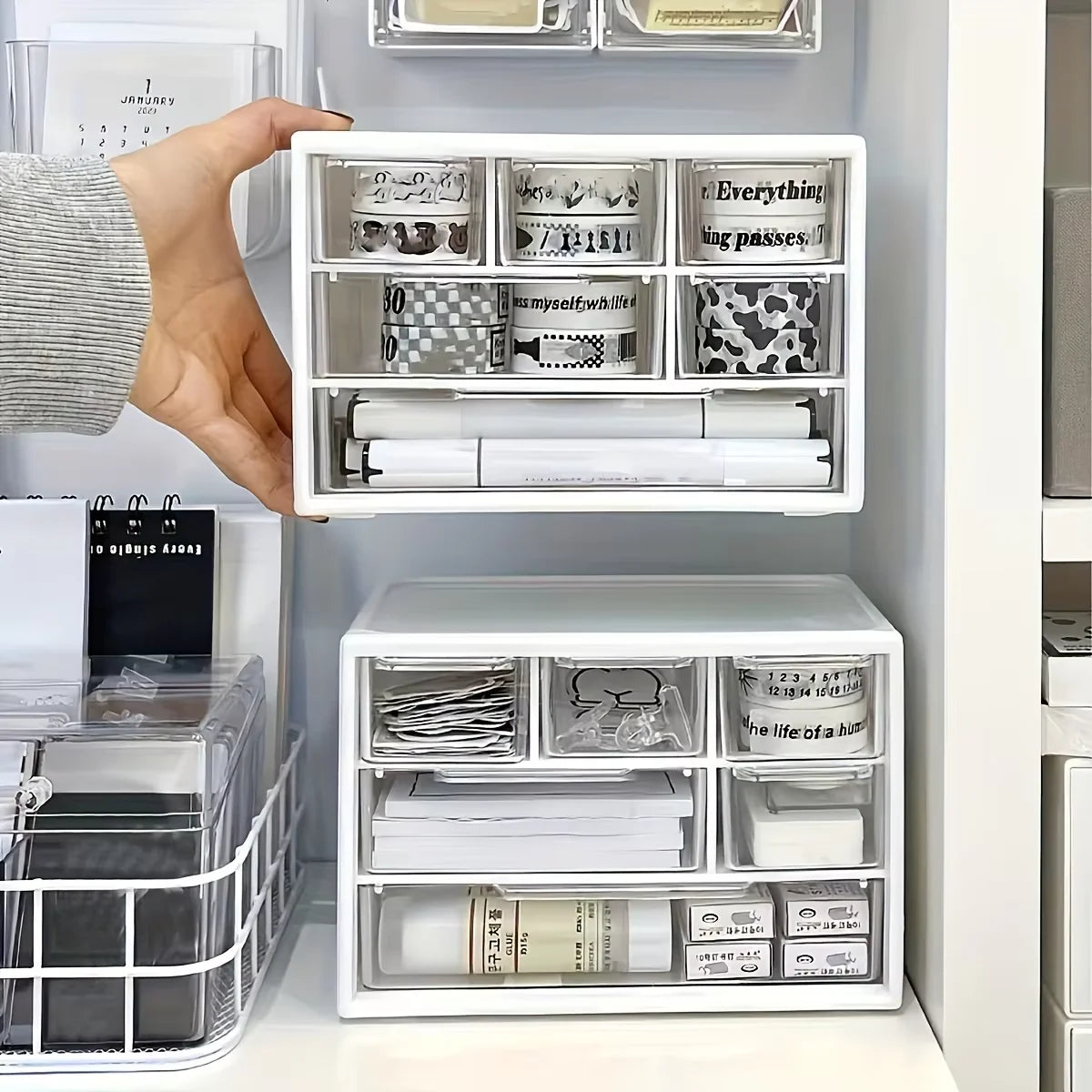 1pc Large Capacity Multi-Functional Plastic Desktop Organizer with Drawer for Office Supplies, Stationery, Dorm Storage