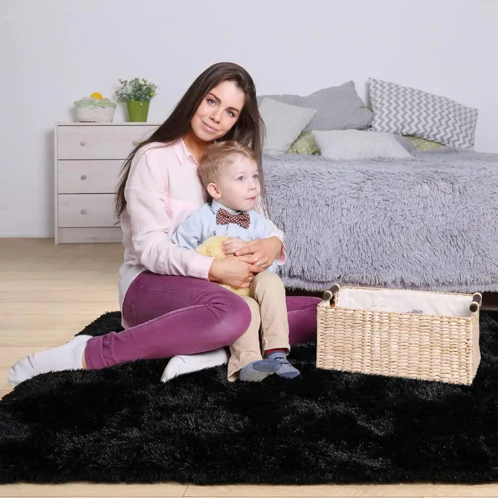 3x5 Non-Slip Black Shag Rug - Plush, Soft Carpet for Living Room, Bedroom, Nursery, Dorm