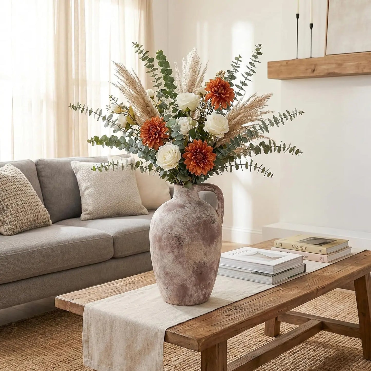 Ceramic Flower Vase with Handles,10" Neutral Tall Clay Terracotta Vases Farmhouse Table Vases with Handle Living Room De