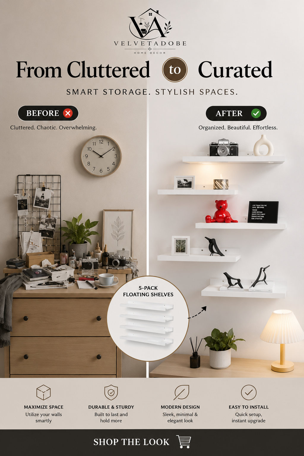 5 Set White Floating Shelves Wall Mounted Shelves for Wall Decor