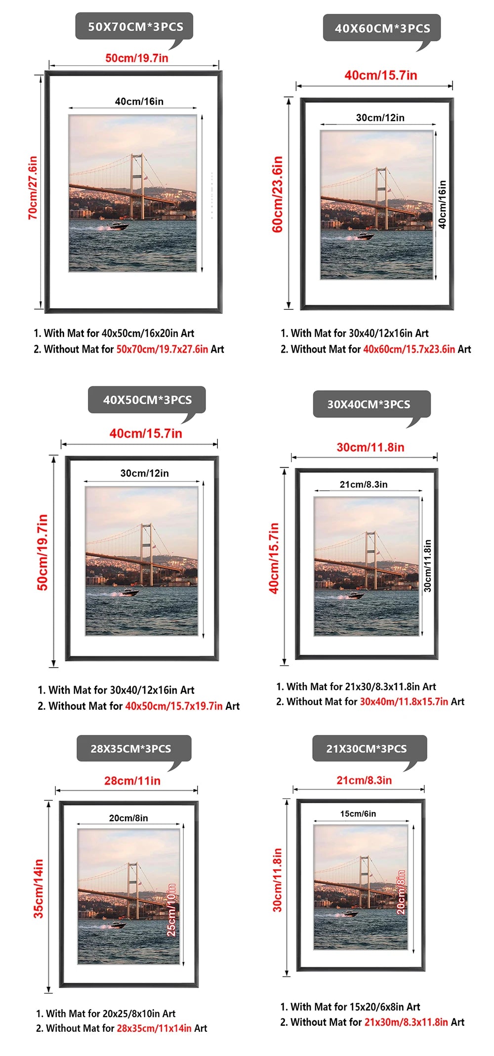 3pcs Modern Black Aluminum Picture Frames Set 30x40cm 40x60cm 50x70cm With Mat For Wall Art Canvas Print Poster Display, Minimalist Gallery Wall Frame For Living Room Bedroom Office Home Decor, Lightweight Easy Mounting Photo