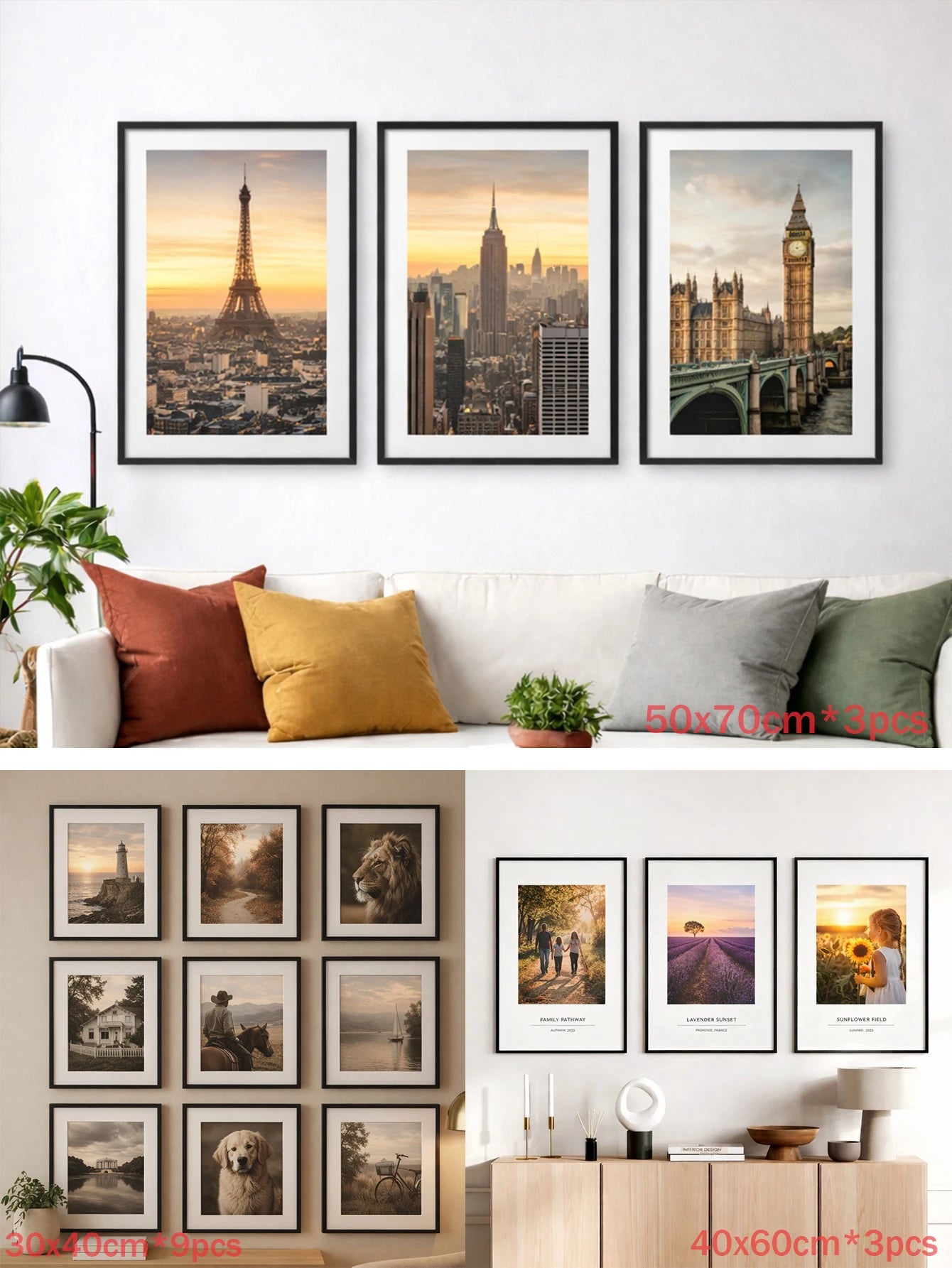 3pcs Modern Black Aluminum Picture Frames Set 30x40cm 40x60cm 50x70cm With Mat For Wall Art Canvas Print Poster Display, Minimalist Gallery Wall Frame For Living Room Bedroom Office Home Decor, Lightweight Easy Mounting Photo