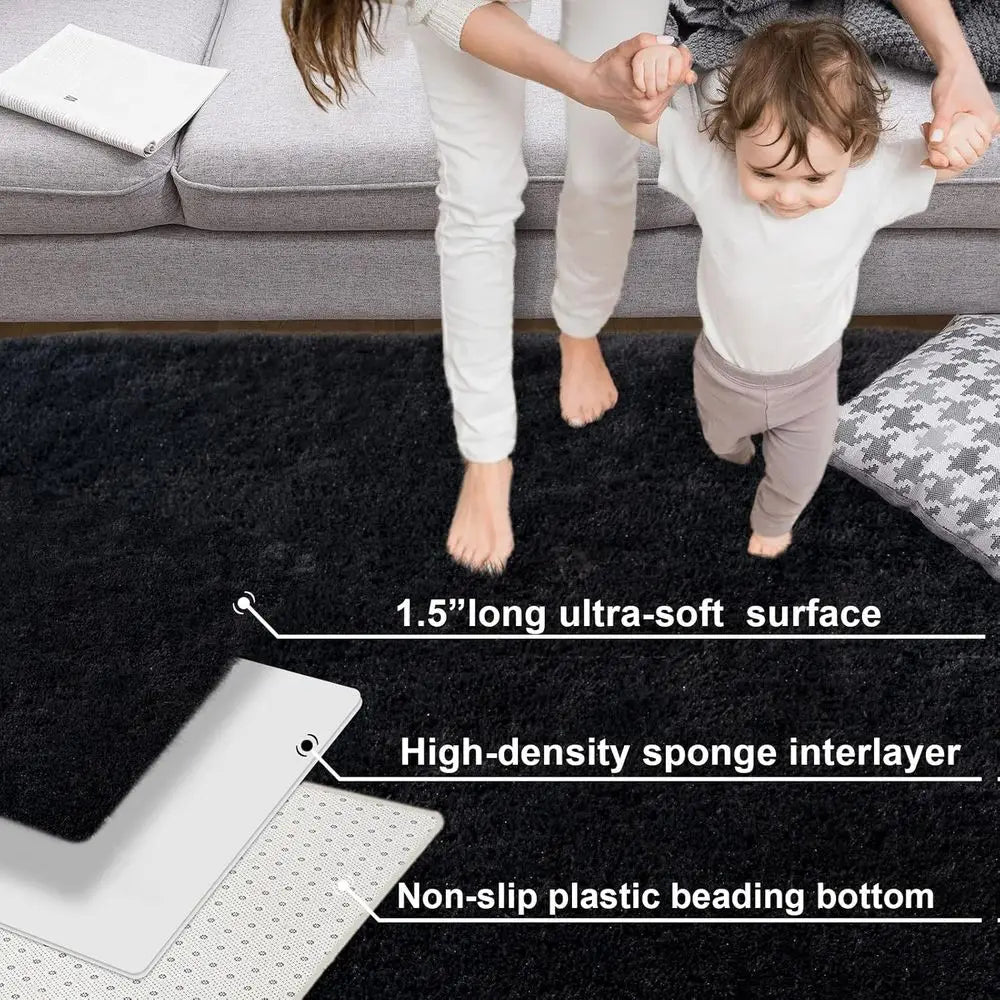 3x5 Non-Slip Black Shag Rug - Plush, Soft Carpet for Living Room, Bedroom, Nursery, Dorm