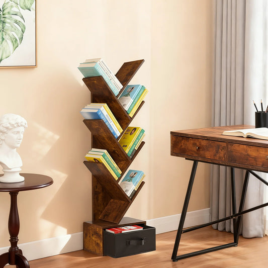 JHK 43IN Geometric Wooden Book Rack 7-Tier Tree Bookshelf Bookcase with Drawer Slim Corner Bookshelf for Home Small Spaces