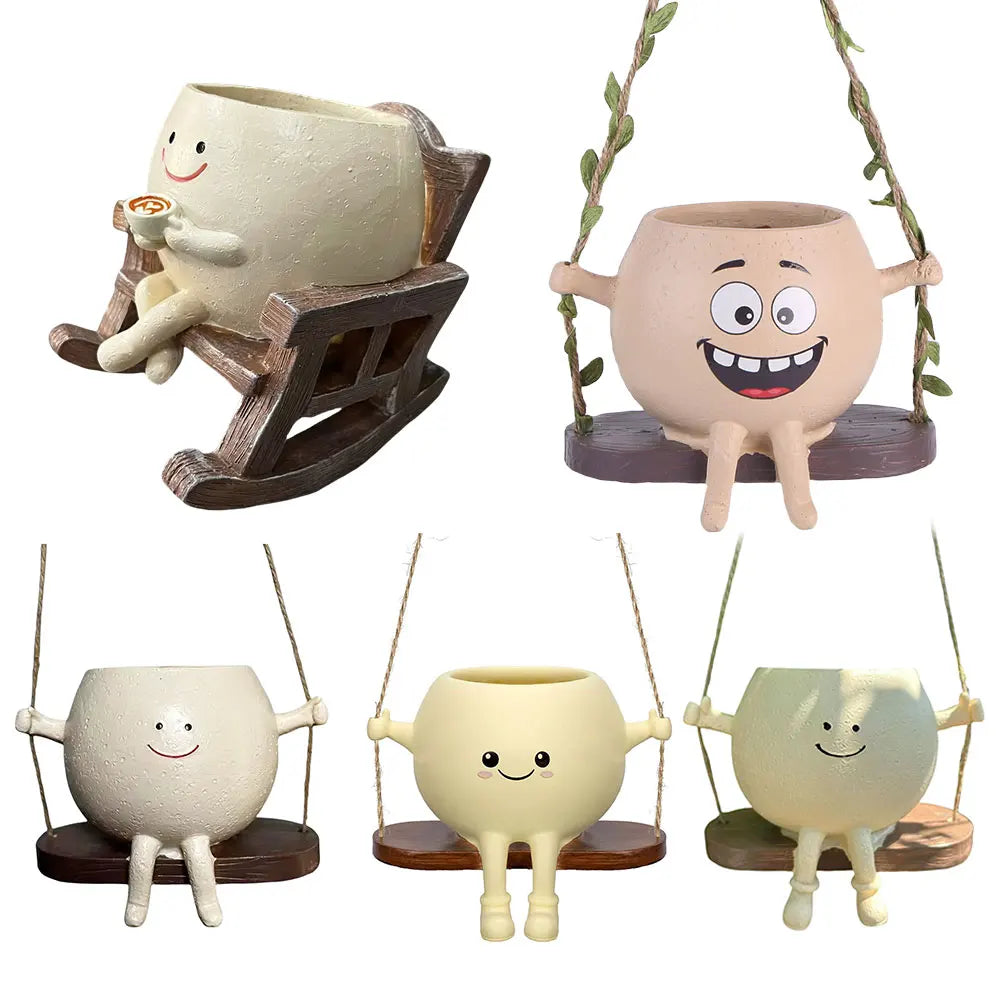 Creative Rocking Chair/Swing Face Plant Pot Garden Pots Cute Resin Head Planters Home Garden Supplies for Indoor Outdoor Plants