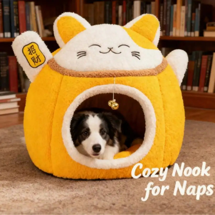 Lucky Fortune Cat Pet Bed - Winter Warm Semi-Open Fleece Round Bed For Cats