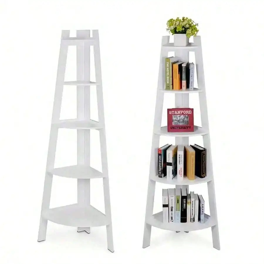 EZIFY Extra Large 5-Tier Corner Bookshelf - Heavy-Duty Space-Saving Bookcase, Lightweight PP Structure, Modern White Shelf For H