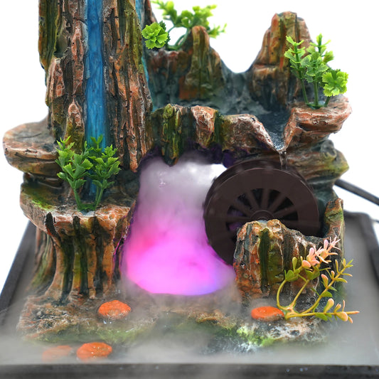 Multi-Function Desktop Waterfall, Windmill Fountain with LED Mist & Fish Tank, 3-in-1 Relaxing Water Feature for Home Decor