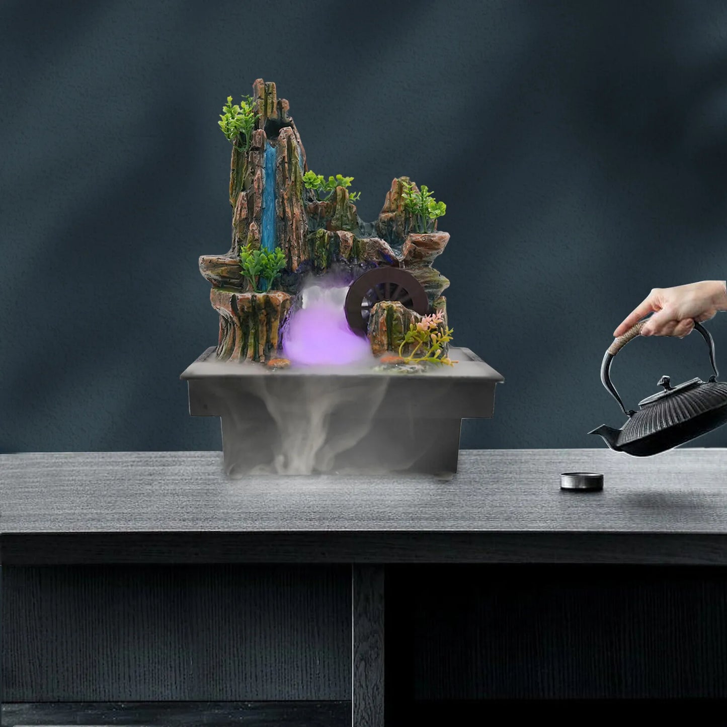 Multi-Function Desktop Waterfall, Windmill Fountain with LED Mist & Fish Tank, 3-in-1 Relaxing Water Feature for Home Decor