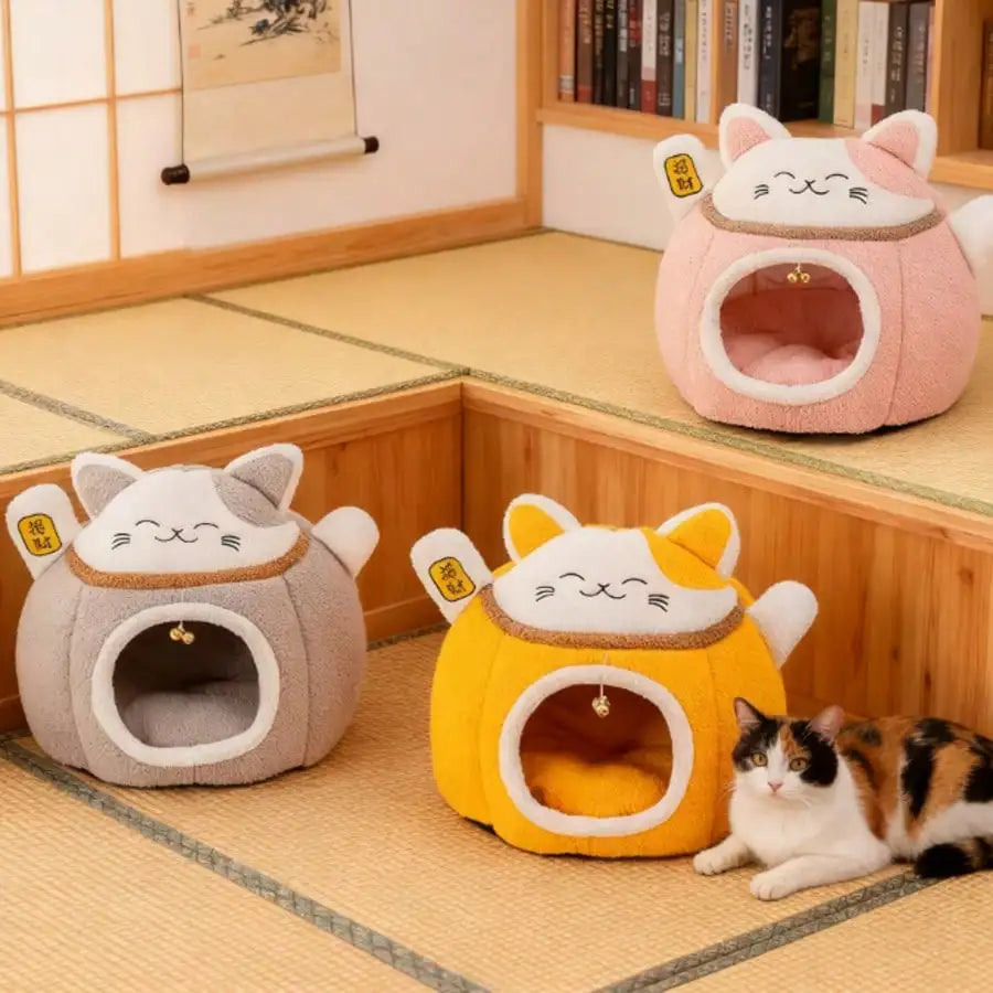 Lucky Fortune Cat Pet Bed - Winter Warm Semi-Open Fleece Round Bed For Cats