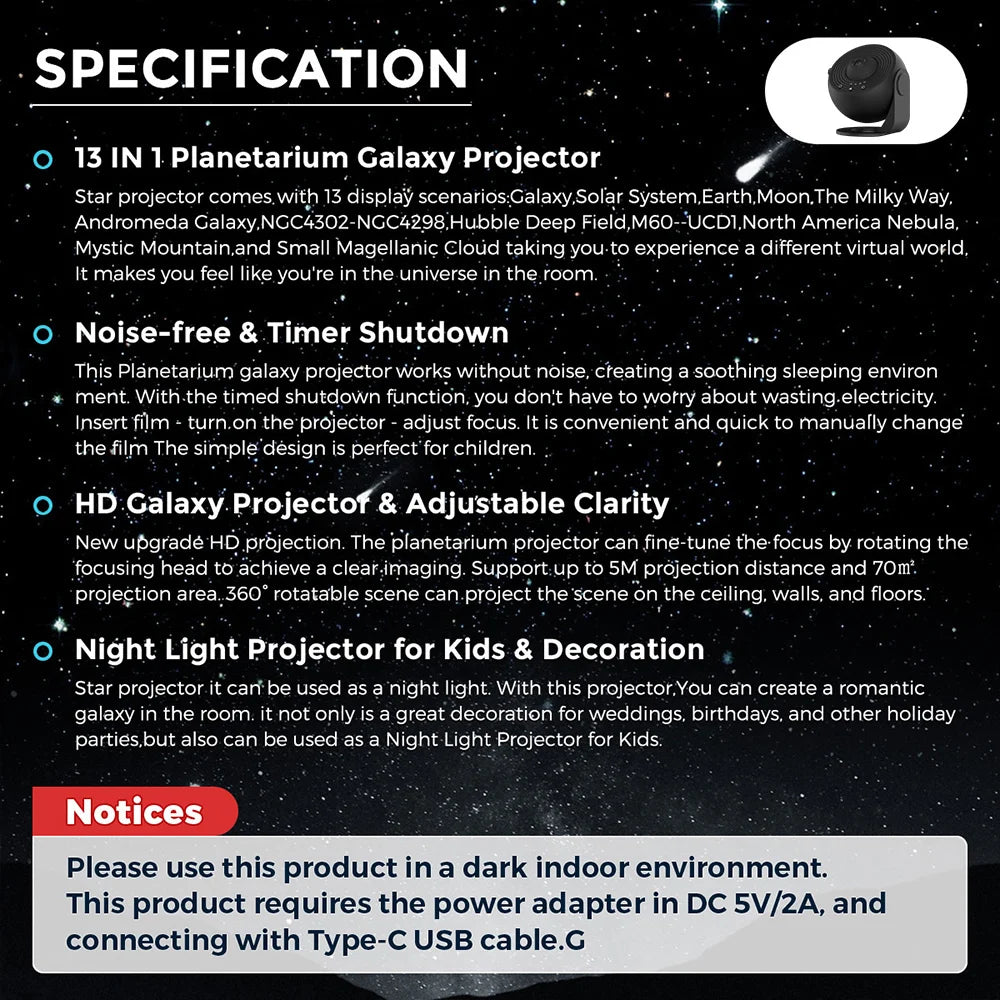 13 In 1 Galaxy Ultral Star Projector HD Image Area LED Night Light