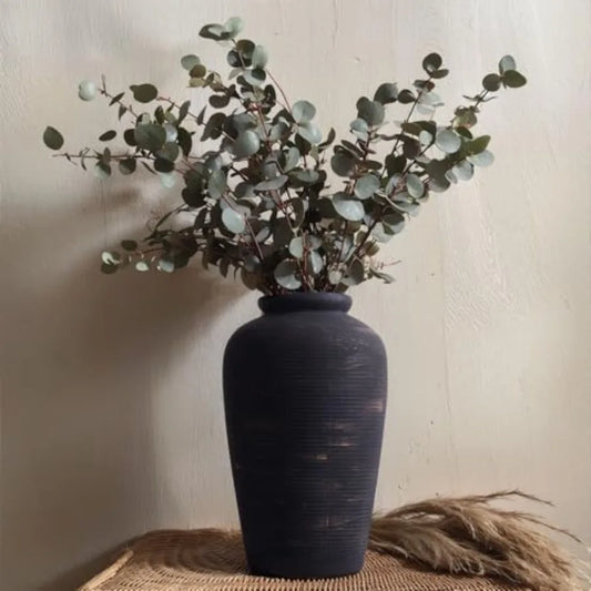 Large Black Ceramic Vase - 11" Tall Rustic Farmhouse Vase Vintage Decorative Terracotta Vase for Dining Table Shelf Bedroom Liv