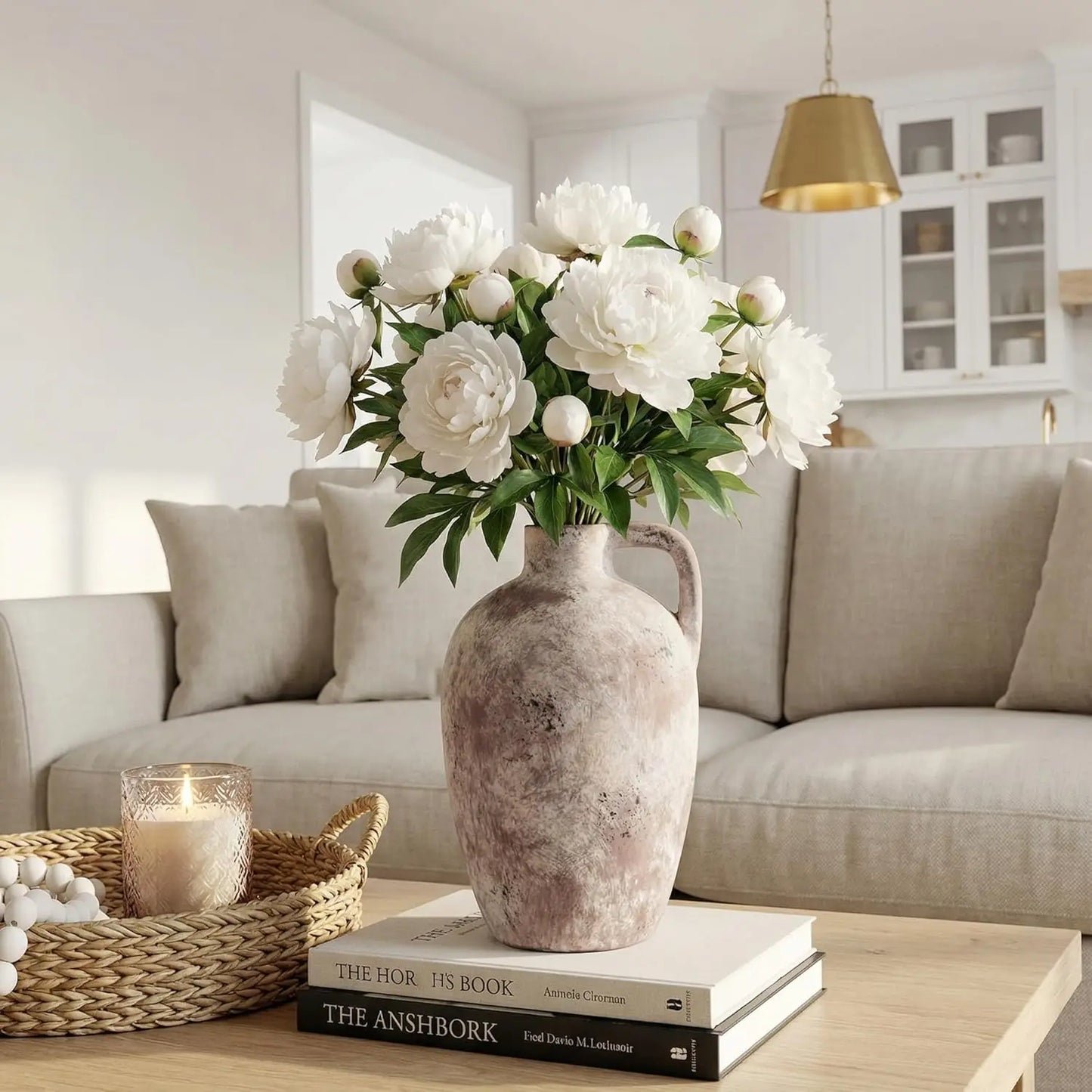 Ceramic Flower Vase with Handles,10" Neutral Tall Clay Terracotta Vases Farmhouse Table Vases with Handle Living Room De