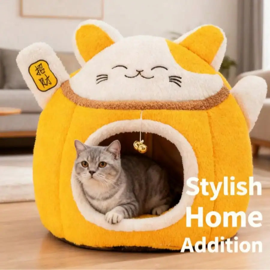Lucky Fortune Cat Pet Bed - Winter Warm Semi-Open Fleece Round Bed For Cats