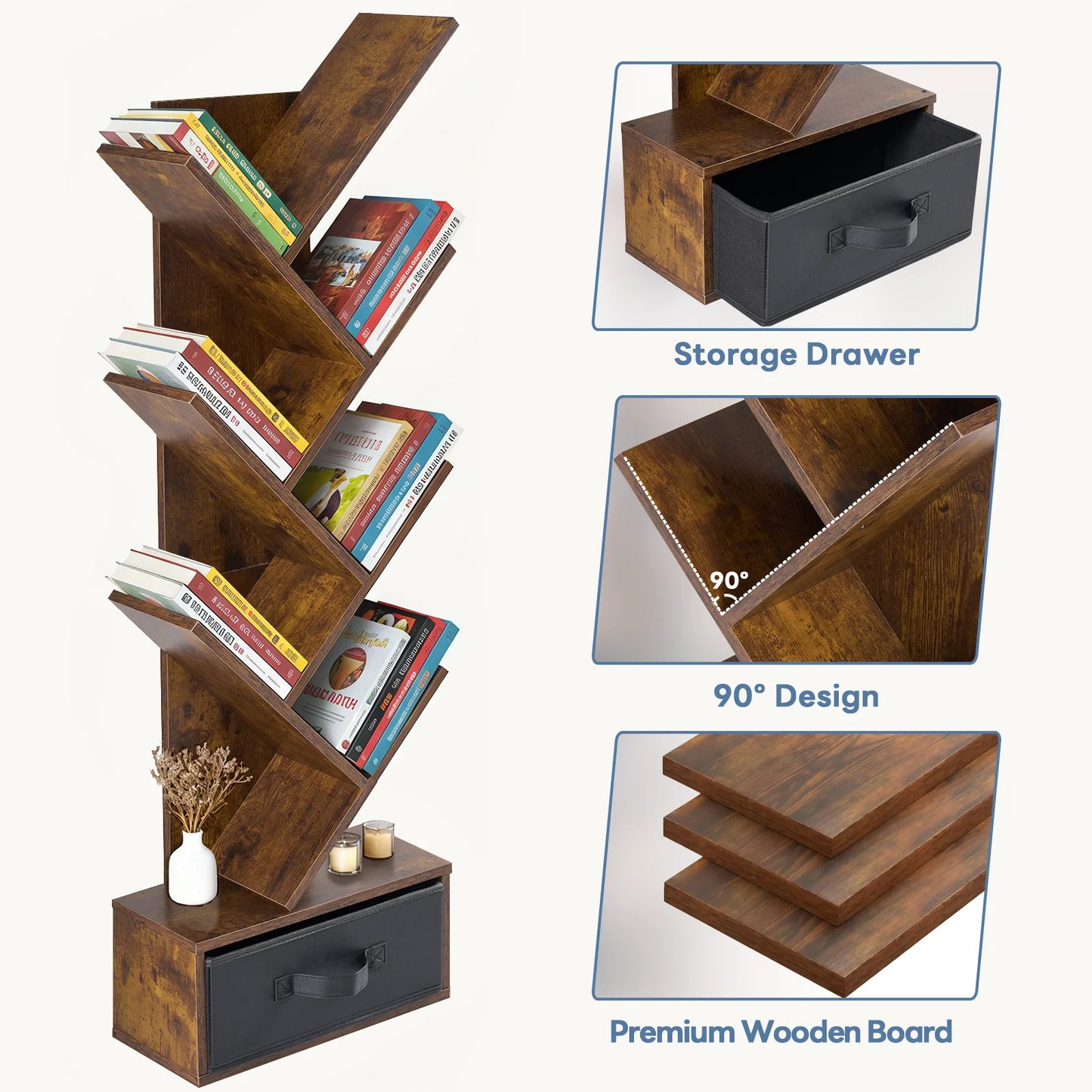 JHK 43IN Geometric Wooden Book Rack 7-Tier Tree Bookshelf Bookcase with Drawer Slim Corner Bookshelf for Home Small Spaces