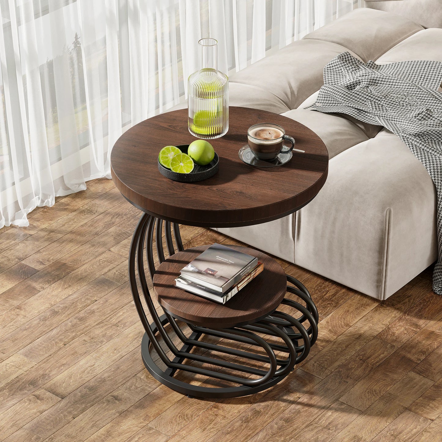 Tribesigns Gold Round End Table: 2 Tiers Faux Marble Side Table with Storage Shelf, Modern White Gold Bedside Nightstand