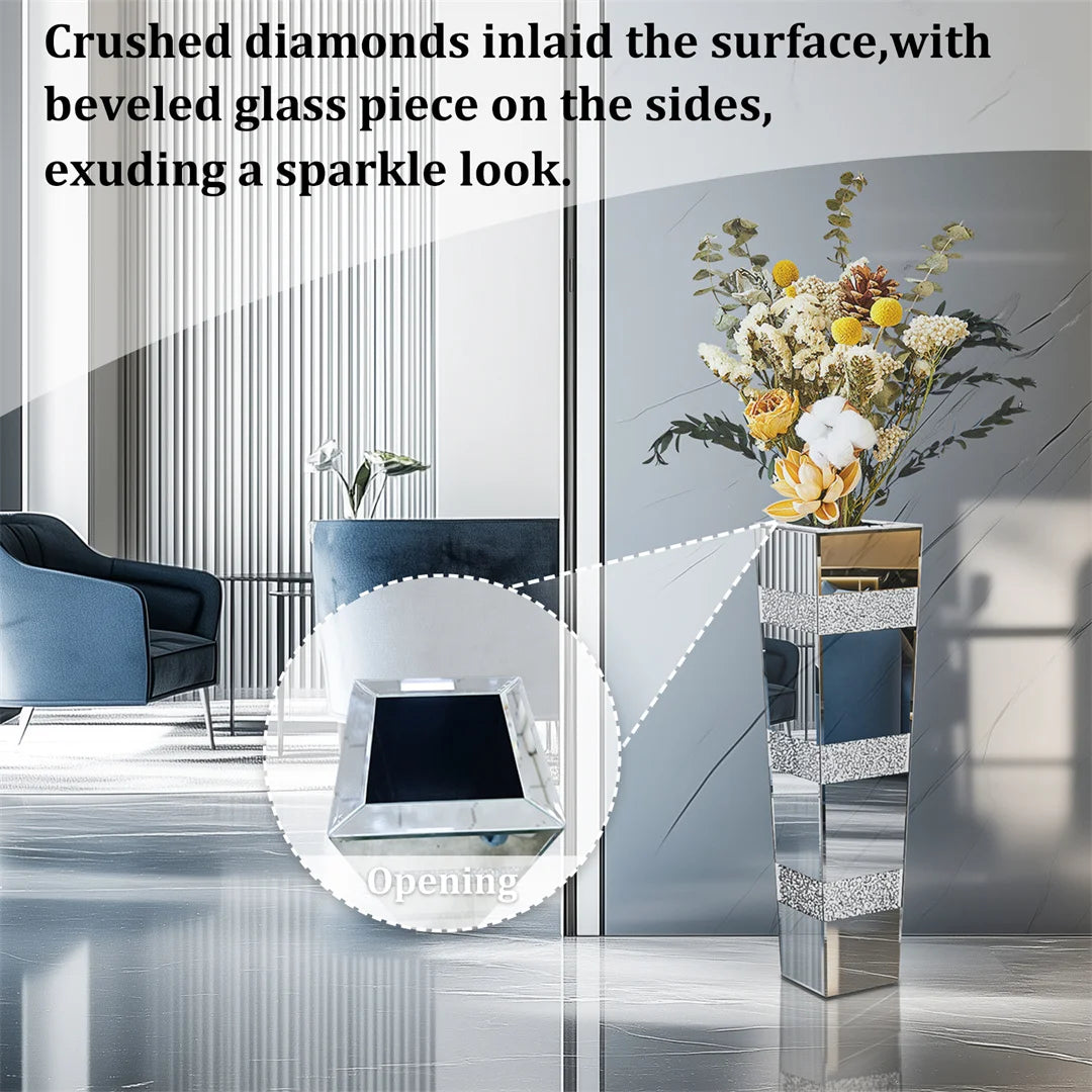 Modern Floor Flower Vase Decorative Crystal Silver Standing Mirrored Flower Vase Floral Arrangement Vase