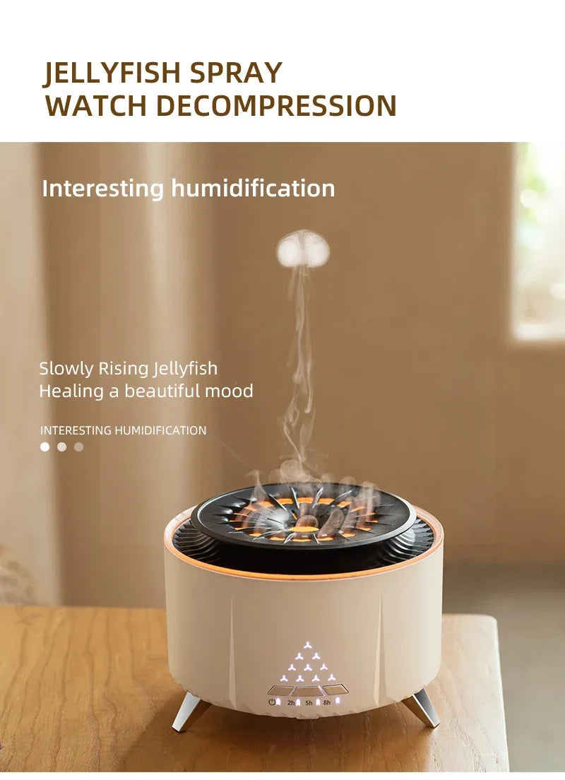 Flame Aroma Diffuser with White Noise Volcanic Lava Large Humidifier Jellyfish Mist Style Essential Oil Diffuser 3 Speed Modes