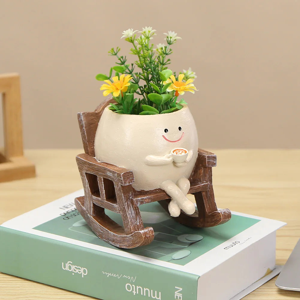 Creative Rocking Chair/Swing Face Plant Pot Garden Pots Cute Resin Head Planters Home Garden Supplies for Indoor Outdoor Plants