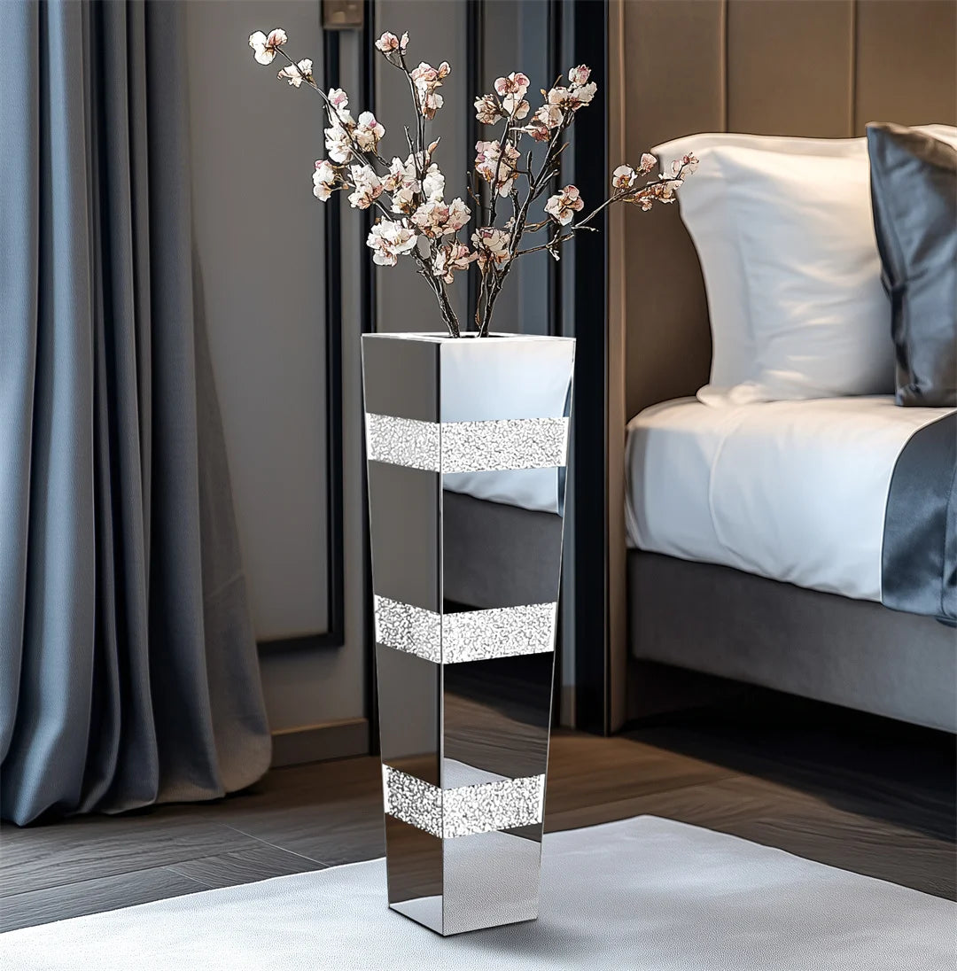 Modern Floor Flower Vase Decorative Crystal Silver Standing Mirrored Flower Vase Floral Arrangement Vase