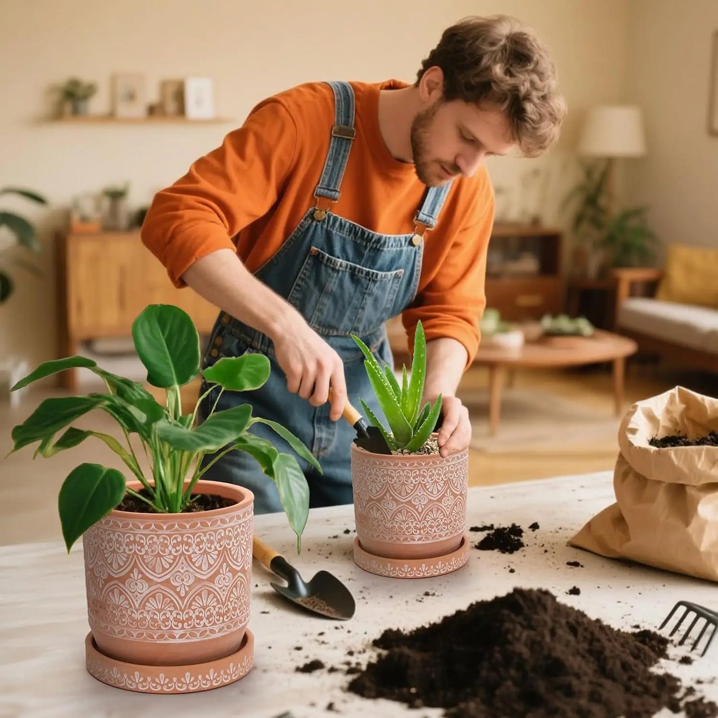 Set of 2 Terracotta Plant Pots 4 Inch 6 Inch, Small Medium Clay Planter Pot, Ceramic Cactus Flower Succulent Pot with Drainag