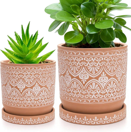 Set of 2 Terracotta Plant Pots 4 Inch 6 Inch, Small Medium Clay Planter Pot, Ceramic Cactus Flower Succulent Pot with Drainag