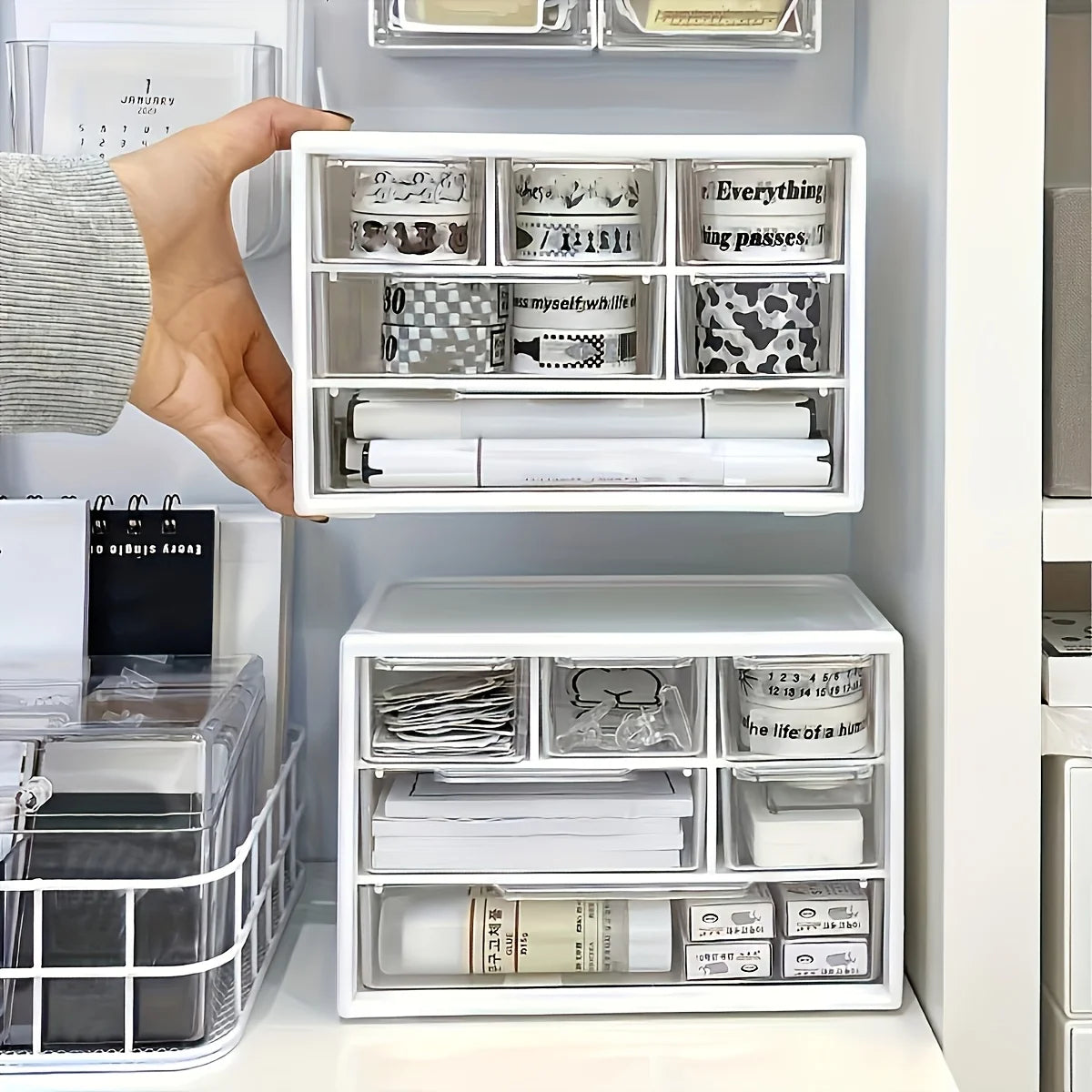 1pc Large Capacity Multi-Functional Plastic Desktop Organizer with Drawer for Office Supplies, Stationery, Dorm Storage