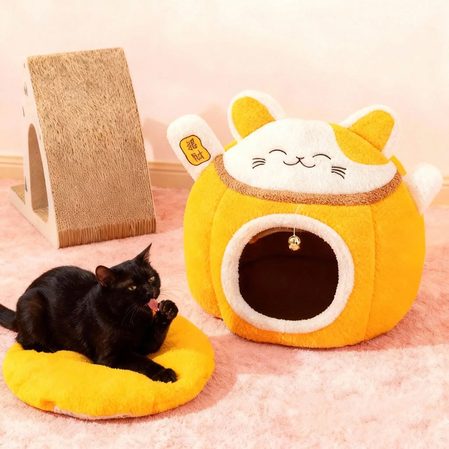 Lucky Fortune Cat Pet Bed - Winter Warm Semi-Open Fleece Round Bed For Cats