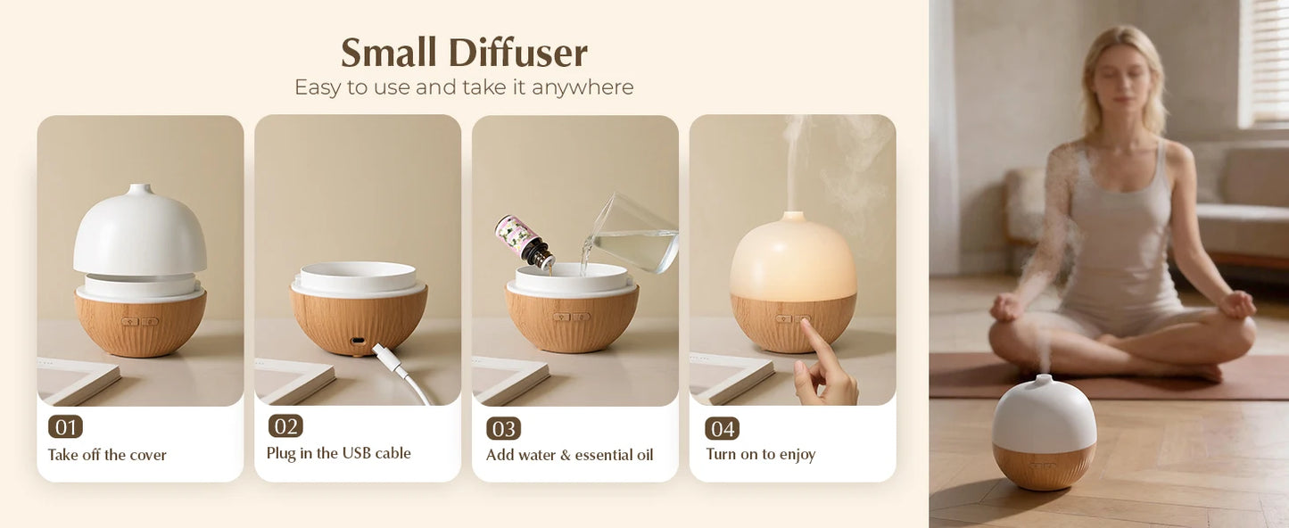 Essential Oil Diffuser, 100ml Small Aromatherapy Diffuser with Mood Light, Ultrasonic Oil Diffusers for Home, Mini Diffuser for Essential Oils, Gift for Women
