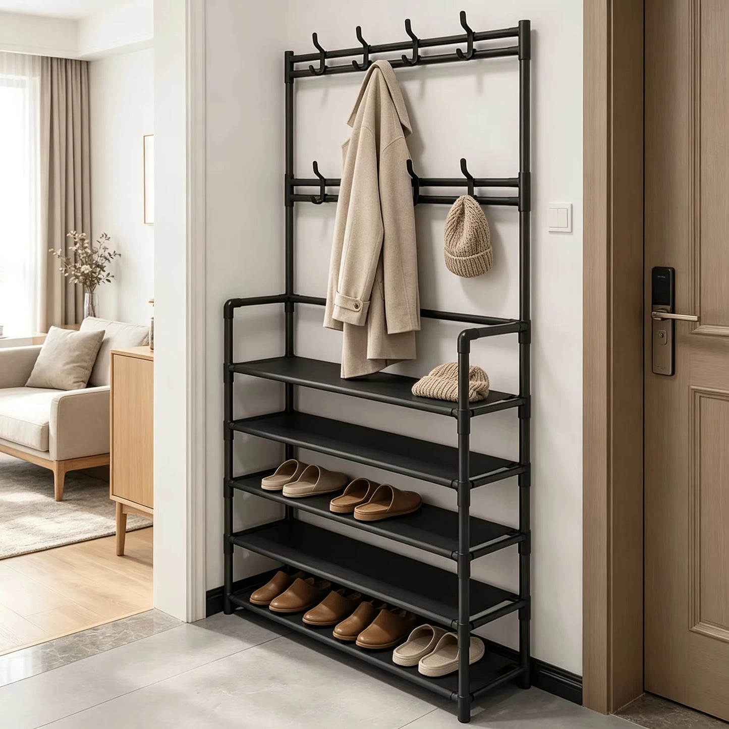Shoe & Coat Rack 5-Tier Large Capacity Entryway Organizer Space-Saving Layered Storage for Apartment Dorm Home