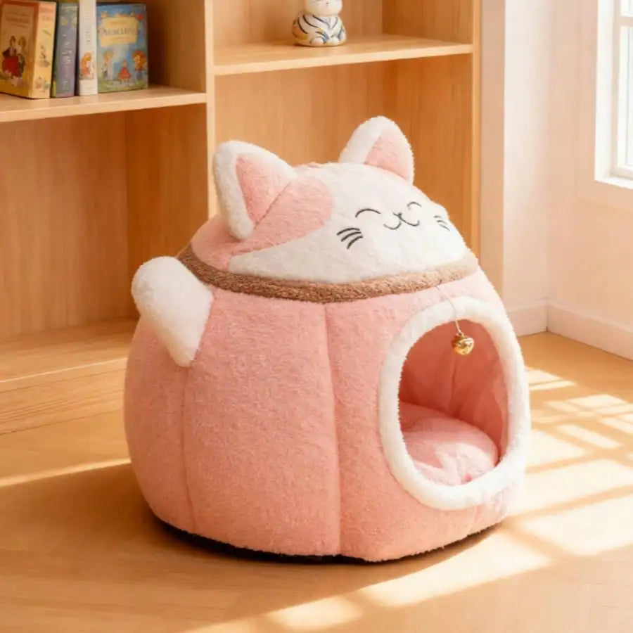 Lucky Fortune Cat Pet Bed - Winter Warm Semi-Open Fleece Round Bed For Cats