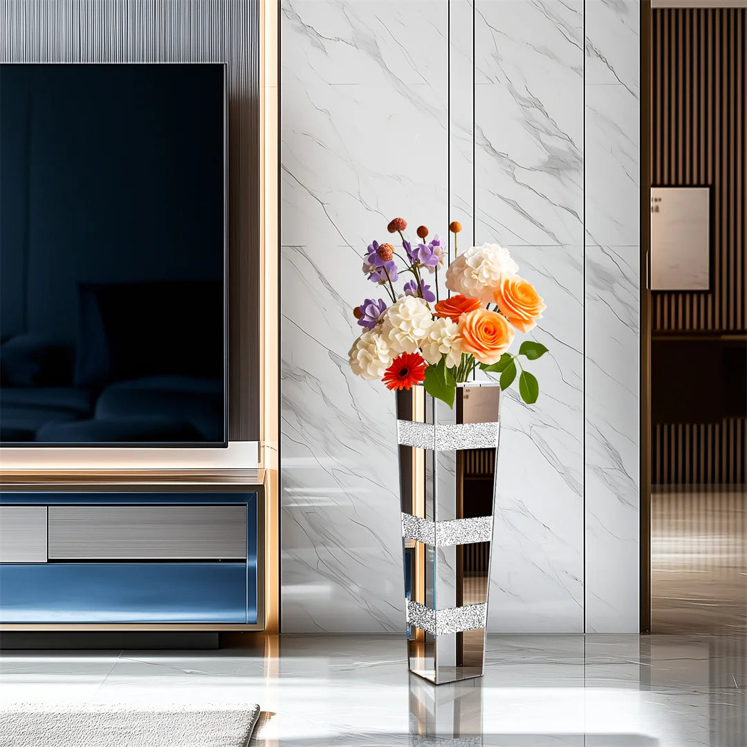 Modern Floor Flower Vase Decorative Crystal Silver Standing Mirrored Flower Vase Floral Arrangement Vase