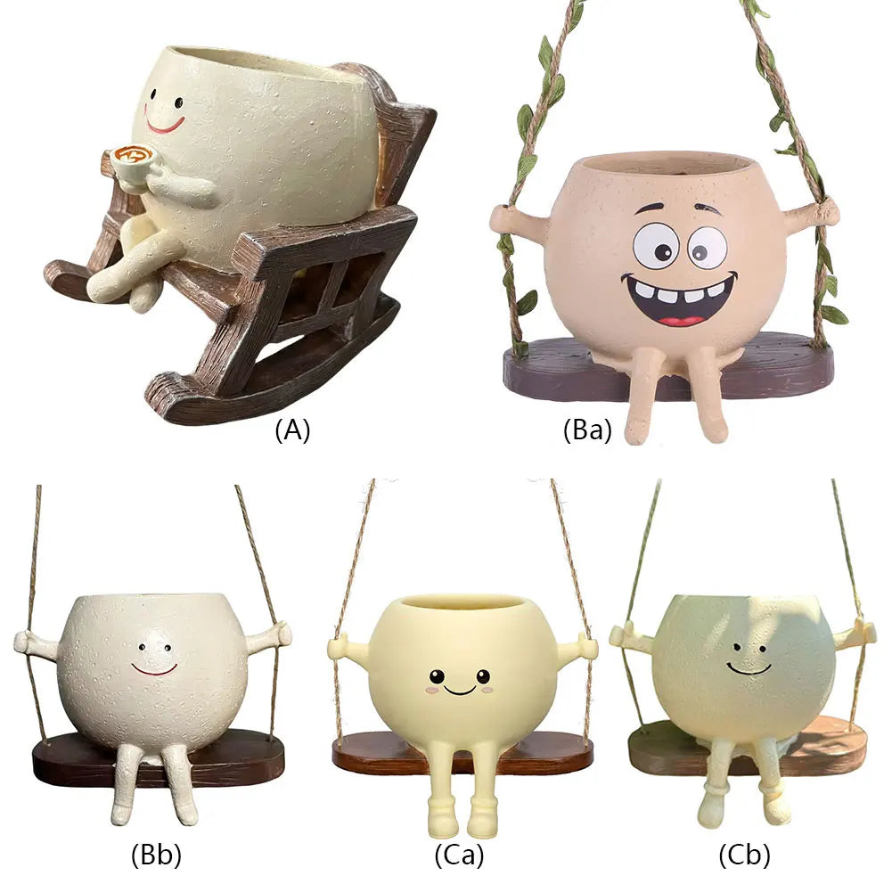 Creative Rocking Chair/Swing Face Plant Pot Garden Pots Cute Resin Head Planters Home Garden Supplies for Indoor Outdoor Plants
