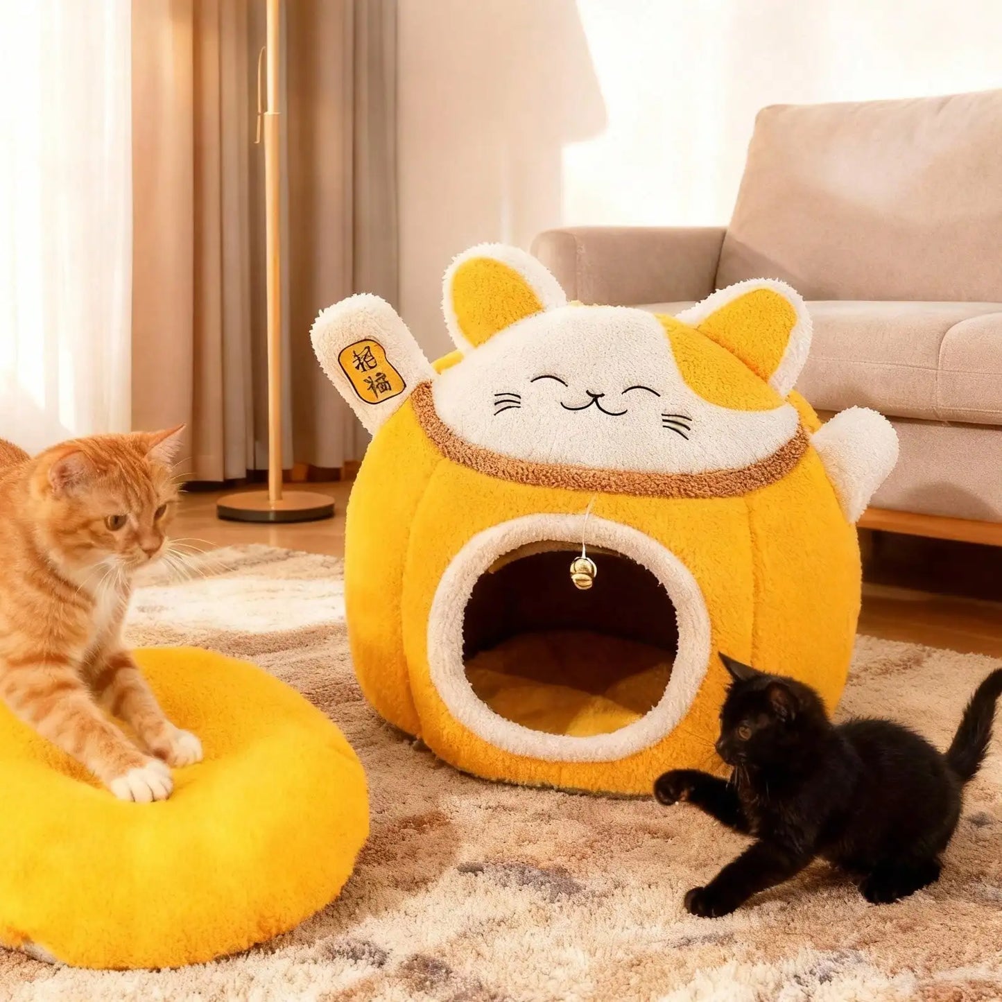 Lucky Fortune Cat Pet Bed - Winter Warm Semi-Open Fleece Round Bed For Cats