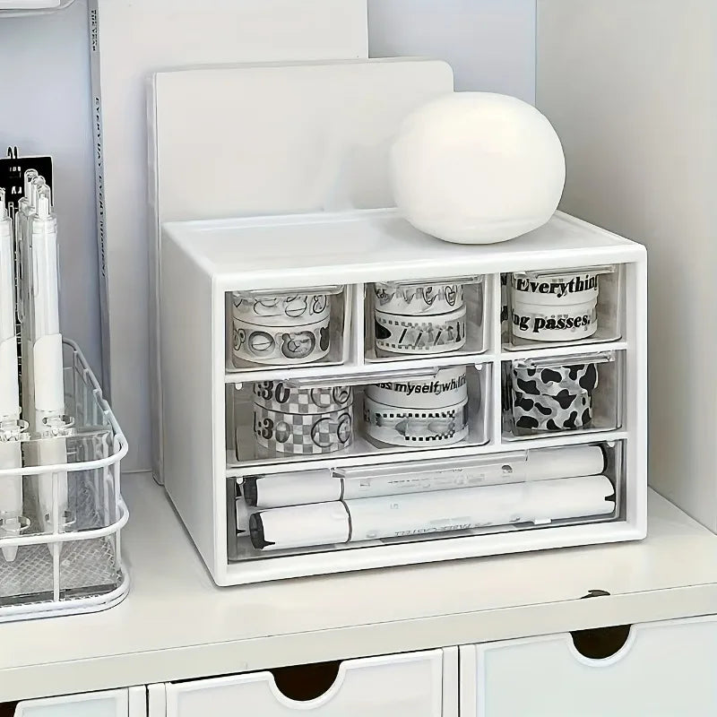 1pc Large Capacity Multi-Functional Plastic Desktop Organizer with Drawer for Office Supplies, Stationery, Dorm Storage