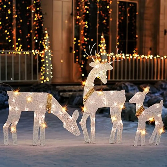 Christmas Outdoor Decoration, 3-Piece Lighted 2D Family with 60 L, Pre-Lit Light Up Deer Set, Waterproof Outdoor Christmas Deer