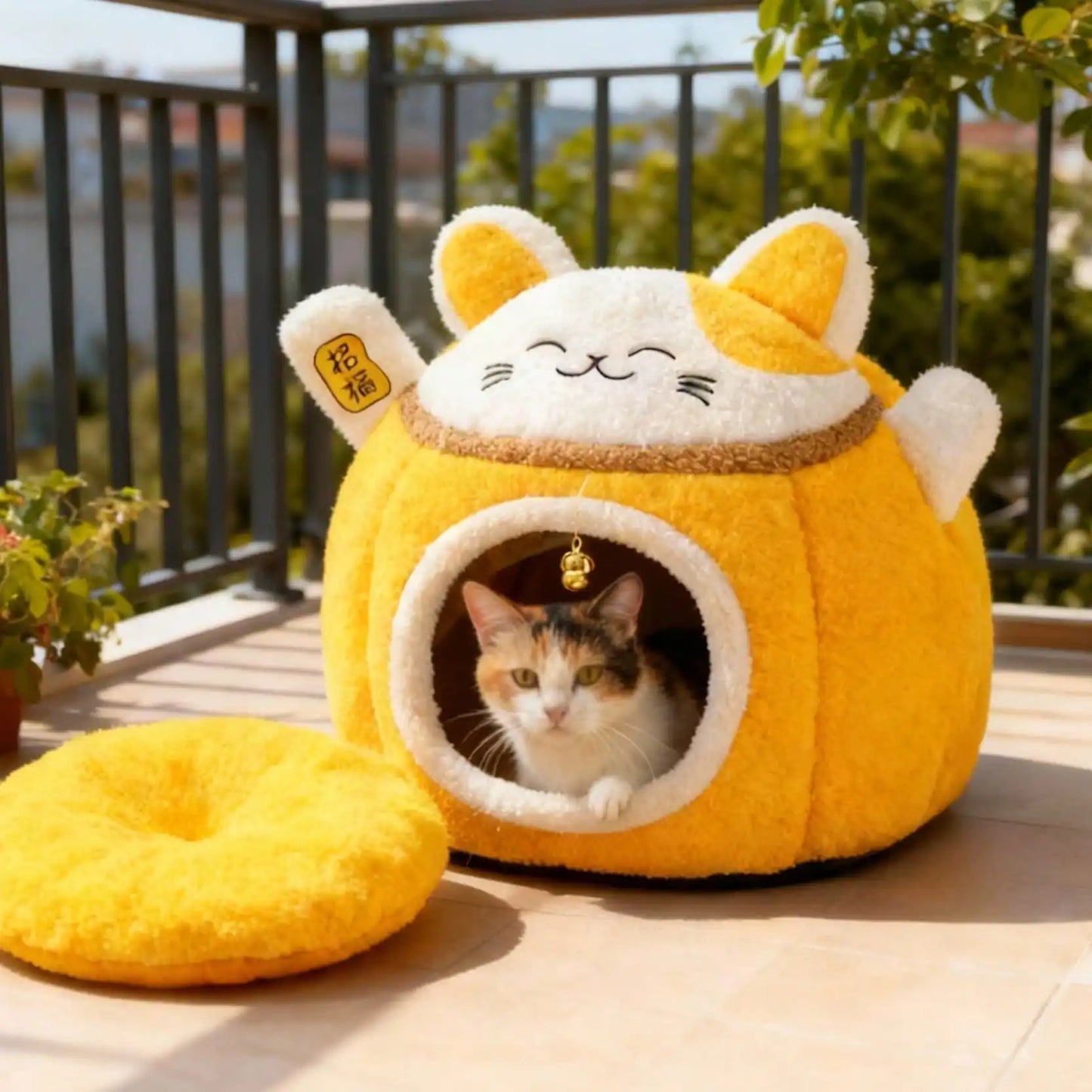 Lucky Fortune Cat Pet Bed - Winter Warm Semi-Open Fleece Round Bed For Cats