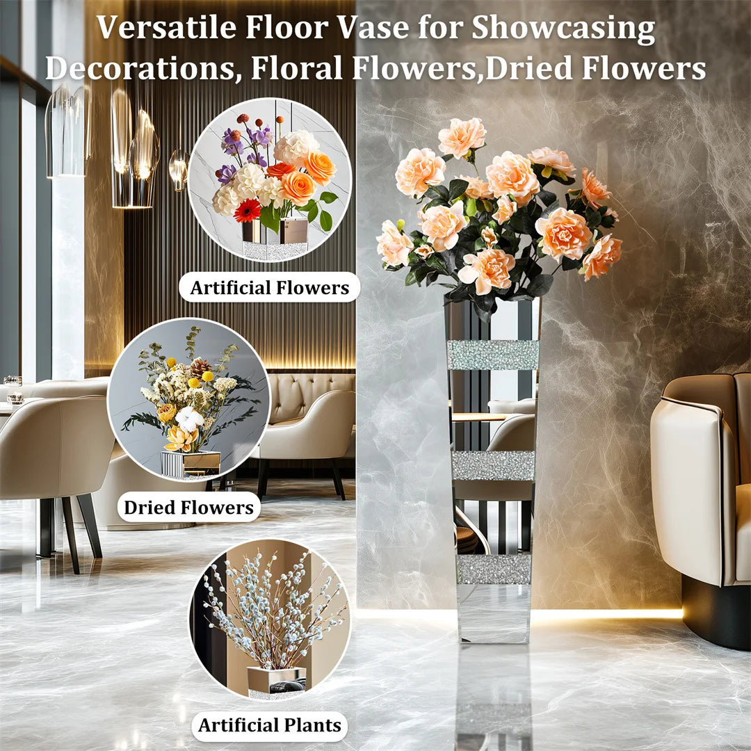 Modern Floor Flower Vase Decorative Crystal Silver Standing Mirrored Flower Vase Floral Arrangement Vase