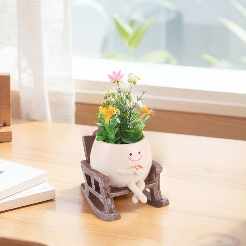 Creative Rocking Chair/Swing Face Plant Pot Garden Pots Cute Resin Head Planters Home Garden Supplies for Indoor Outdoor Plants