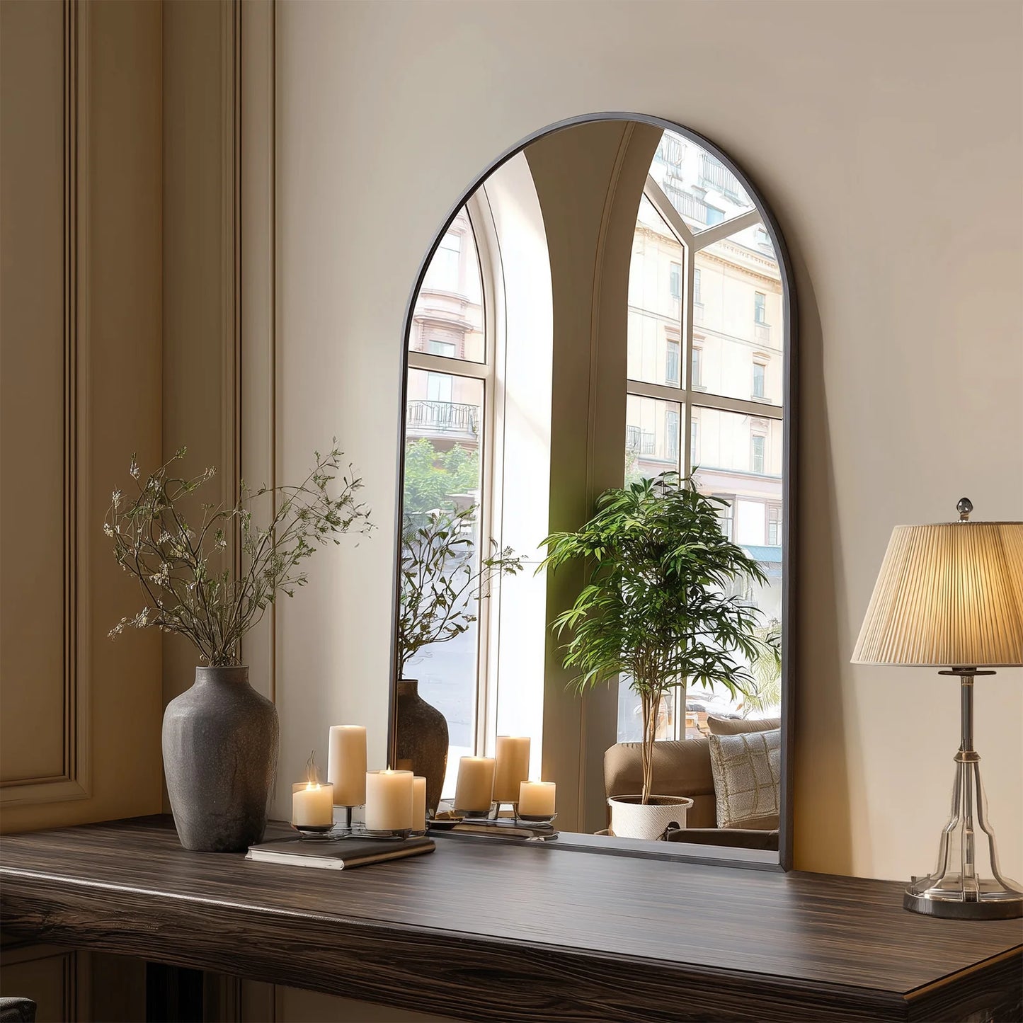 JHK 26"x38" Arched Metal Framed Bathroom Mirrors for Wall  Hanging Mirror Glass Mirror Modern Wall Decor For Bedroom Entryway