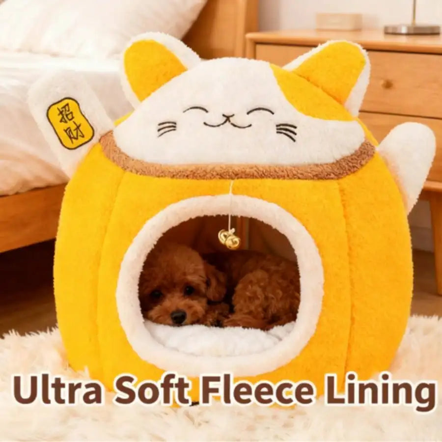 Lucky Fortune Cat Pet Bed - Winter Warm Semi-Open Fleece Round Bed For Cats