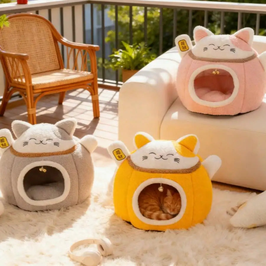 Lucky Fortune Cat Pet Bed - Winter Warm Semi-Open Fleece Round Bed For Cats