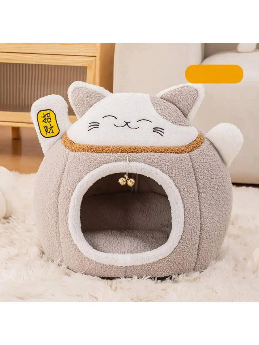 Lucky Fortune Cat Pet Bed - Winter Warm Semi-Open Fleece Round Bed For Cats