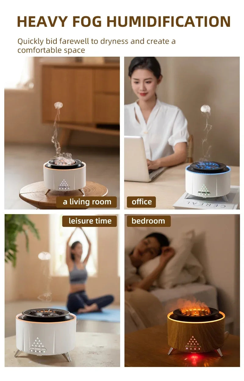 Flame Aroma Diffuser with White Noise Volcanic Lava Large Humidifier Jellyfish Mist Style Essential Oil Diffuser 3 Speed Modes