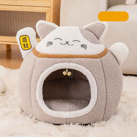 Lucky Fortune Cat Pet Bed - Winter Warm Semi-Open Fleece Round Bed For Cats
