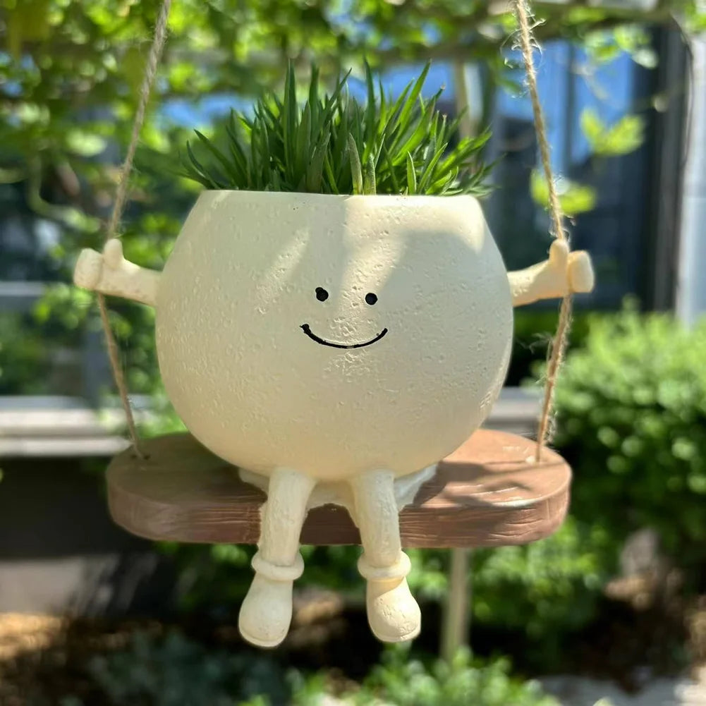 Creative Rocking Chair/Swing Face Plant Pot Garden Pots Cute Resin Head Planters Home Garden Supplies for Indoor Outdoor Plants