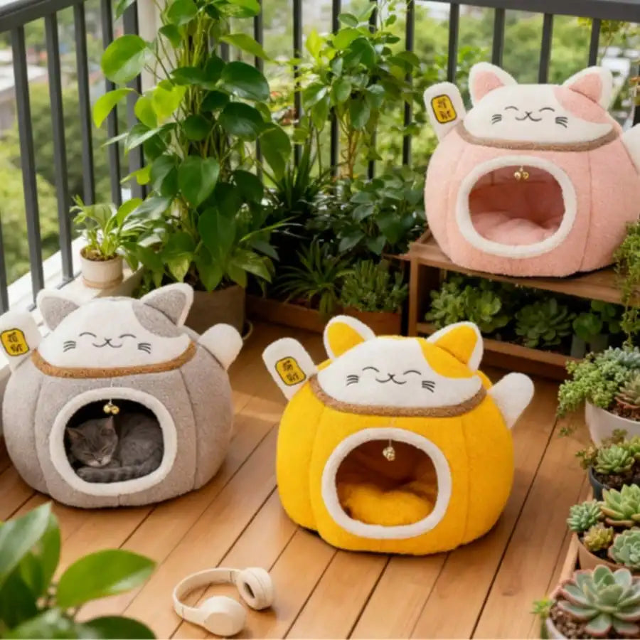 Lucky Fortune Cat Pet Bed - Winter Warm Semi-Open Fleece Round Bed For Cats