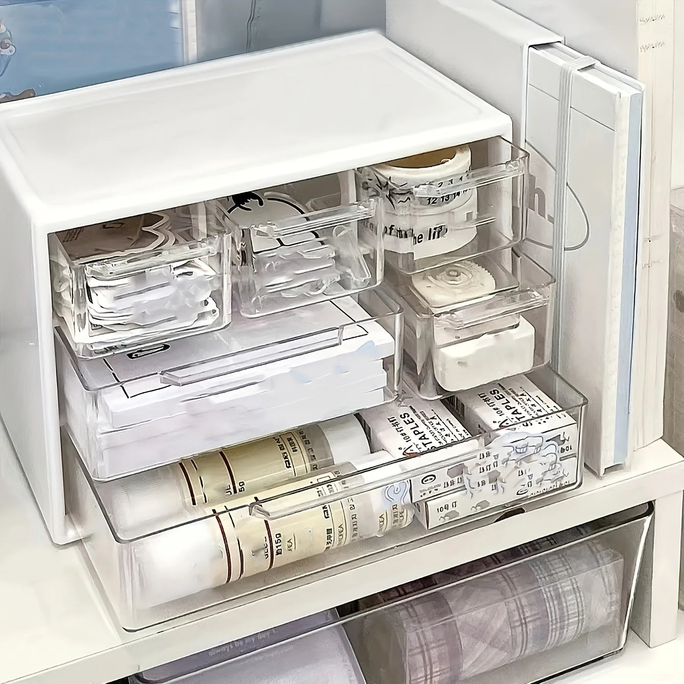 1pc Large Capacity Multi-Functional Plastic Desktop Organizer with Drawer for Office Supplies, Stationery, Dorm Storage