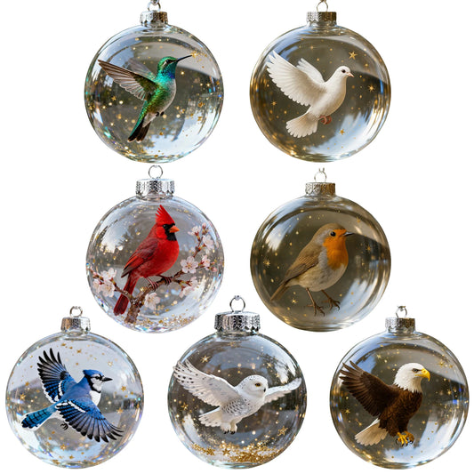 Nature's Birds Crystal Glass Ornament Set Clear Christmas Balls Xmas Tree Hanging Pendant for Holiday Christmas Party Home Decor