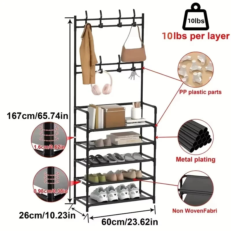 Shoe & Coat Rack 5-Tier Large Capacity Entryway Organizer Space-Saving Layered Storage for Apartment Dorm Home